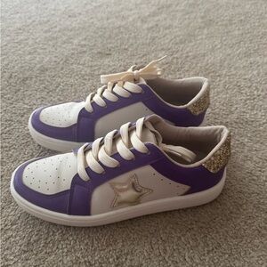 Purple and White Women's Athletic Shoes with Gold Details